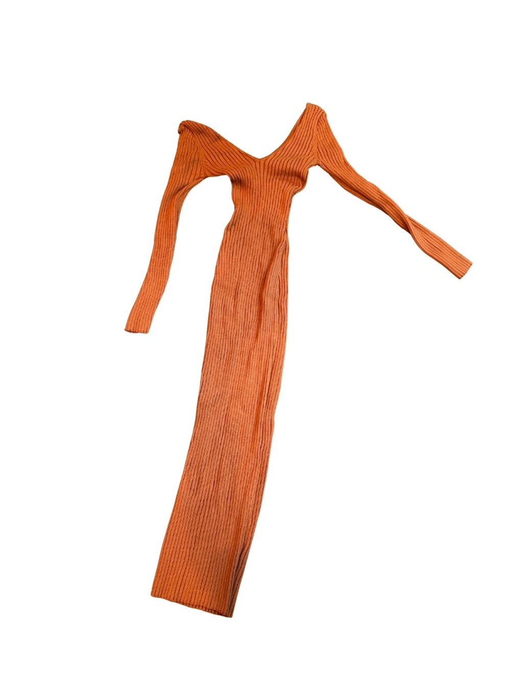 Rust Orange Ribbed V-Neck Maxi Sweater Dress